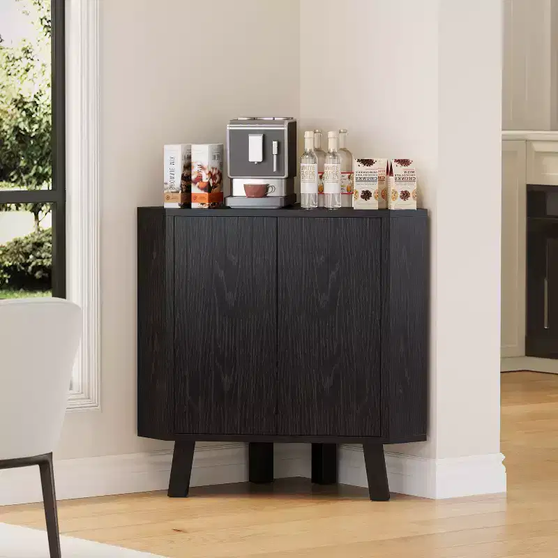 Corner Cabinet, 3-Tier Farmhouse Triangle Storage with Fluted Door & Adjustable Shelf, 31.5 Space Saving Accent Cabinet for Kitchen