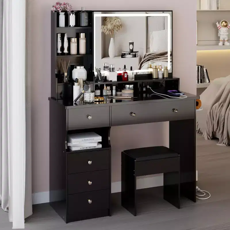 Okak 41 Makeup Desk with Cushioned Stool, Vanity Table with 2 AC+2 USB Power Station & Hair Dryer Stand, Vanity Desk with Mirror for Home