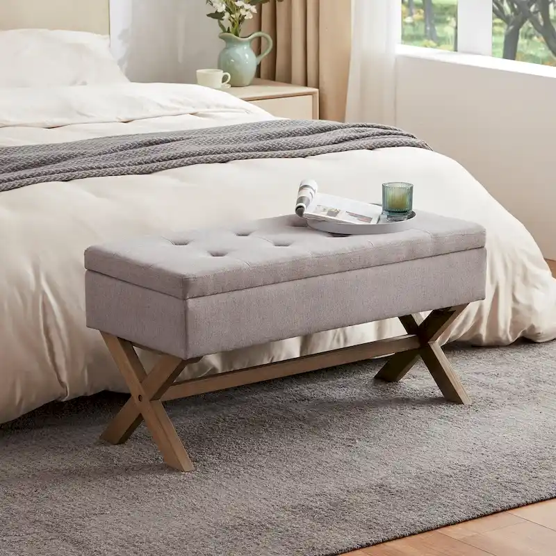 Upholstered Storage Bench with X-Shaped Legs, 36 Inch