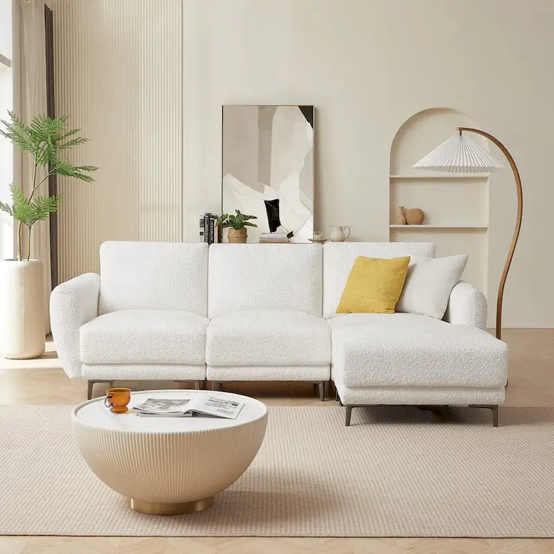 Convertible Sectional Sofa Couch, 3 Seat L-Shaped Sofa with Lamb Fabric, Movable Ottoman