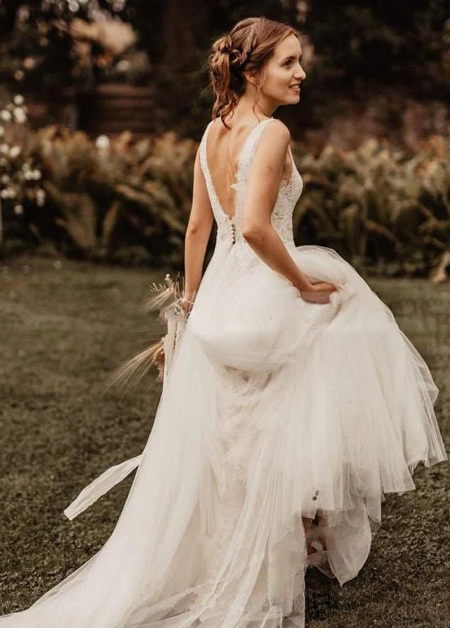 A Line V Neck Bohemian Wedding Dresses