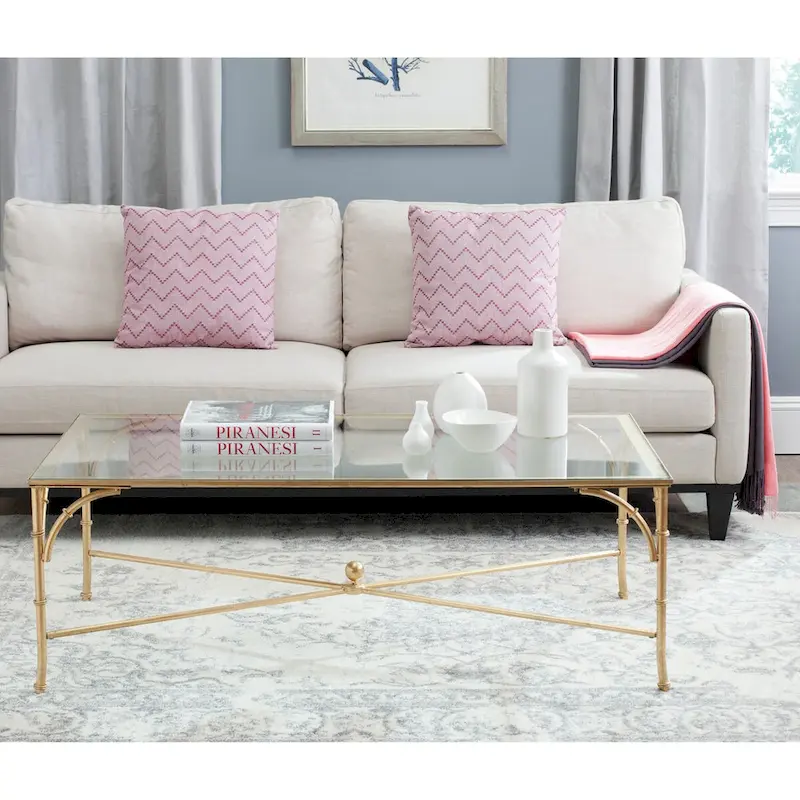 Gold Iron Faux Bamboo Coffee Table with Glass Top, 50