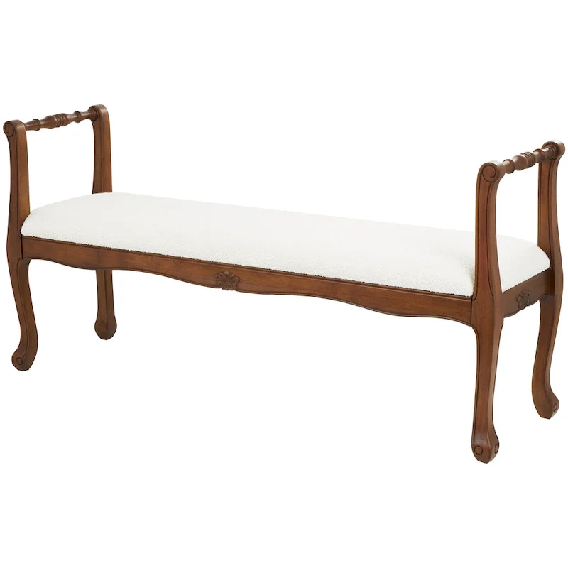Fabric Arm Bench with Brown Traditional Wood Turned Legs - Cream
