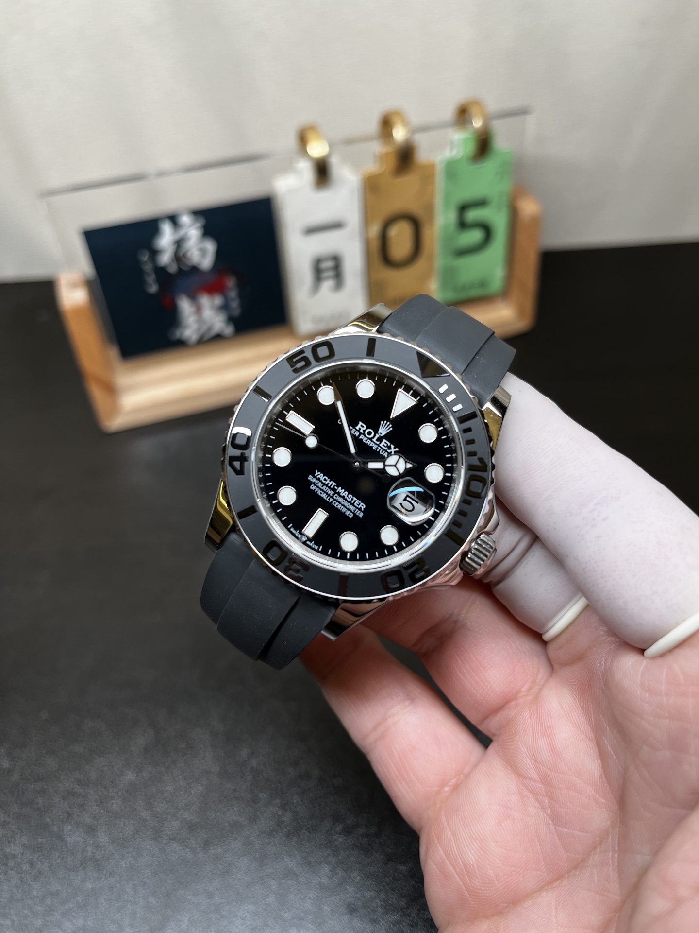 Rolex Yacht-Master replica full front angle view with Oysterflex strap