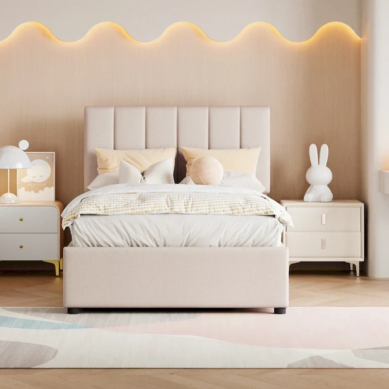 Lift Up Storage Platform Bed Frame, Wood Low Profile Panel Bed with Hydraulic Storage System, Vertical Striped Headboard