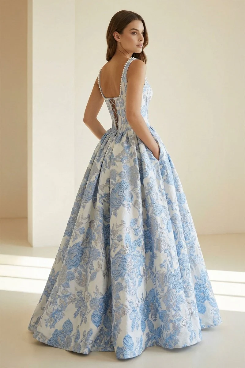 Blue Square Neck A Line Floral Jacquard Prom Dresses With Pearls