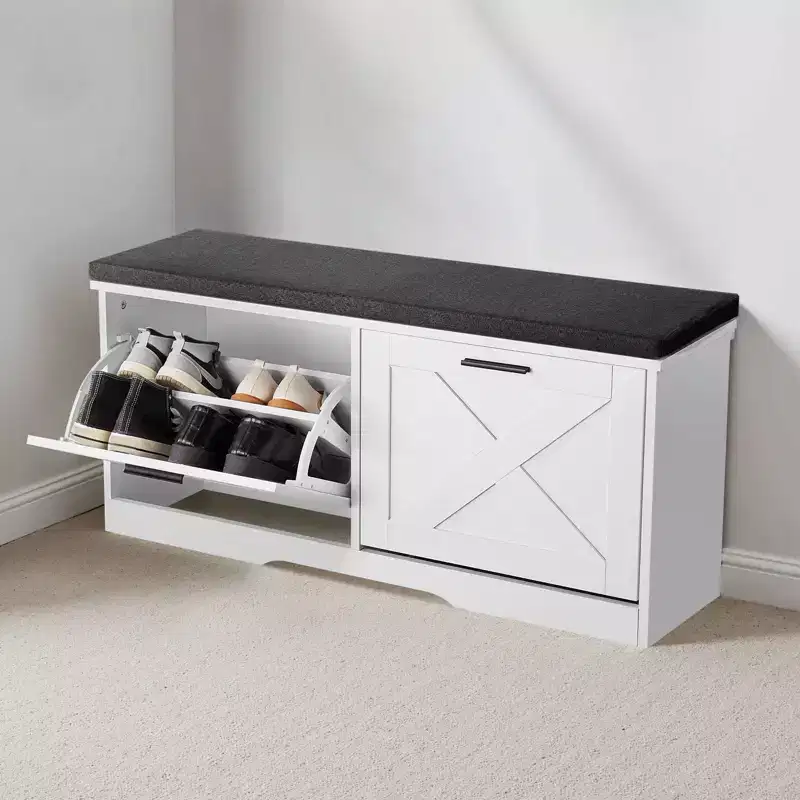 VEVOR Entryway Shoe Storage Bench, 39.4 x 12.0 x 18.7 Inch Shoe Organizer with Flip Drawers, 440lbs Narrow Shoes Rack Bench, Black + White