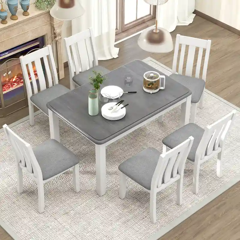 7-Piece Dining Table Set with Extendable Table and 6 Chairs