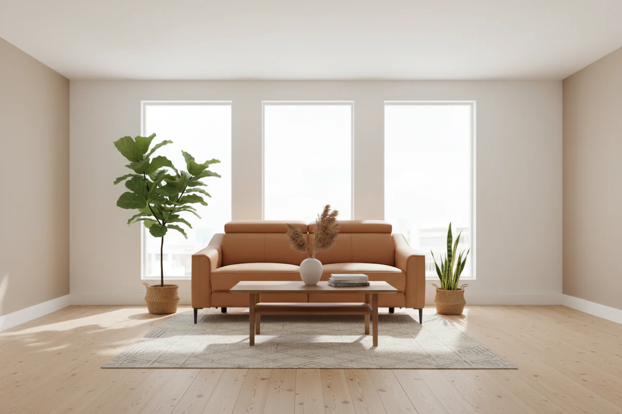 Modern Camel Leather Sofa With 2 Recliners