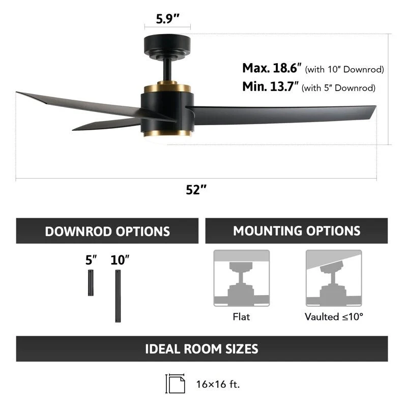 CO-Z 52  LED Ceiling Fan with Dimmable Light Kit and Remote Control - 52 Inches