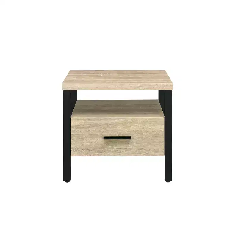 20" Yawan Accent Table Oak/Black Finish - Acme Furniture: Rectangular with Drawer, Open Shelf, Metal Glides