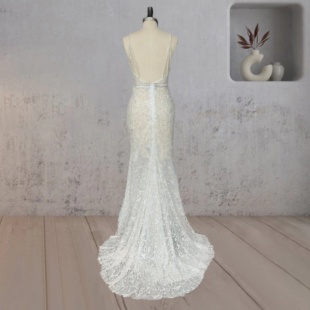 Mermaid Lace Deep V Wedding Dress with Appliques