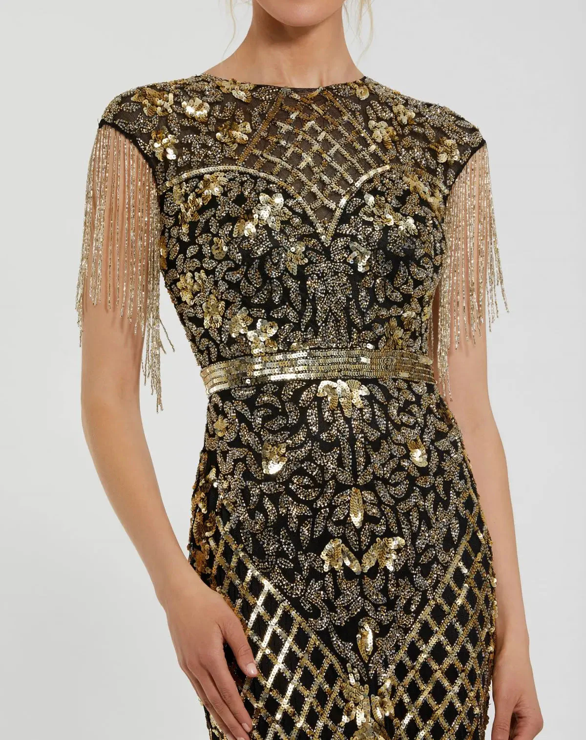 Black High Neck Sleeveless Beaded Fringe Fitted Gown