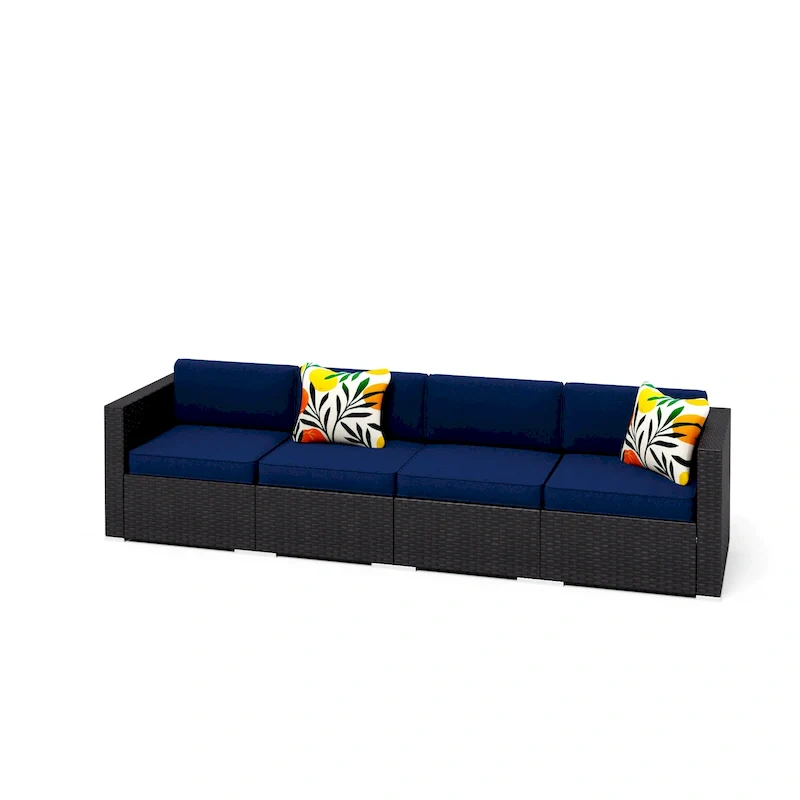 4-Piece Patio Outdoor Furniture Sectional Sofa Set All-Weather Wicker Rattan with Navy Blue Cushions