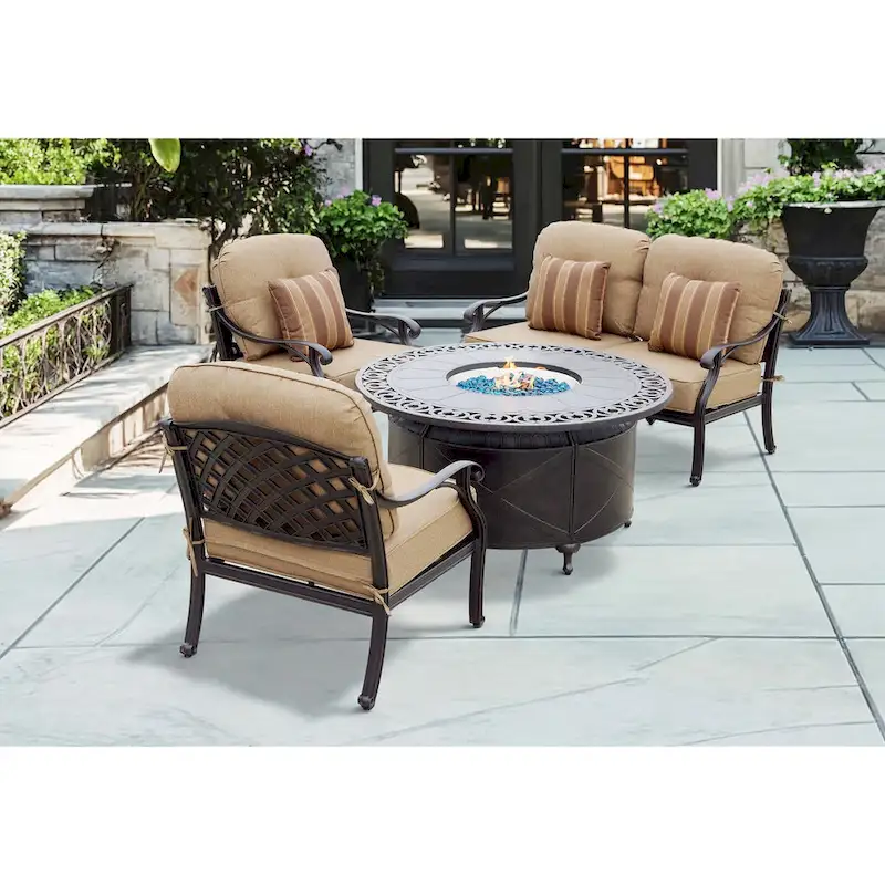 Nassau 4-Piece Patio Propane Fire Pit Loveseat Conversation Set with Cushions and 47