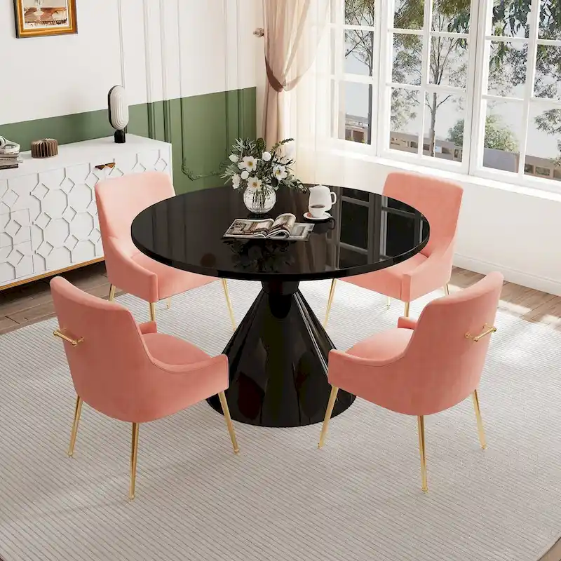 48 Light Luxury Black High Gloss Large Countertop Dining Table with Velvet Dining Chair Set