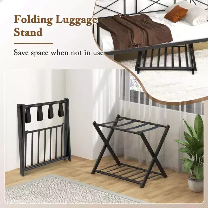 Costway Set of 2 Folding Metal Luggage Rack Suitcase Shoe Holder Hotel Guestroom w/Shelf