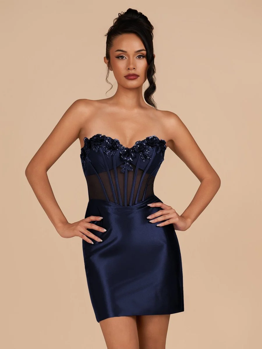 Navy Blue Bodycon Satin Sweetheart Corset Homecoming Dress with Sequined Flowers
