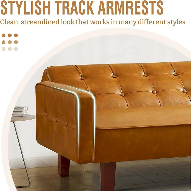 Faux Leather Futon Sofa Bed Sleeper Couch, Mid Century Button Tufted Upholstered Convertible Sofa Bed with Wooden Legs