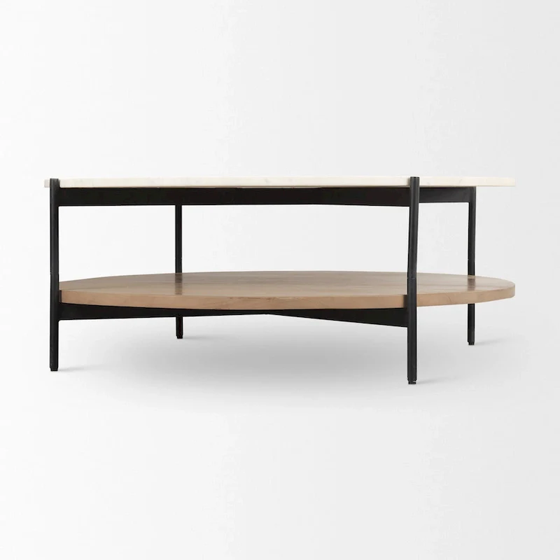 Larkin Two-Tier White Marble Top and Solid Wood Round Coffee Table