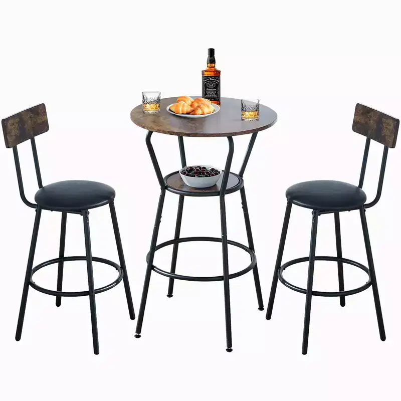 Zevemomo 3-Piece Round Bar Table and Chair Set, Small Dining Table for 2, with 2 Upholstered Stools,for Kitchen, Dining Room & Bistro-Rustic Brown