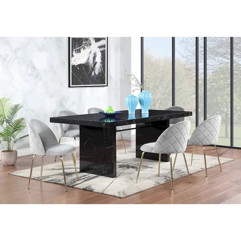 Black Faux Marble Dining Table Set, Modern Style, Seats 7