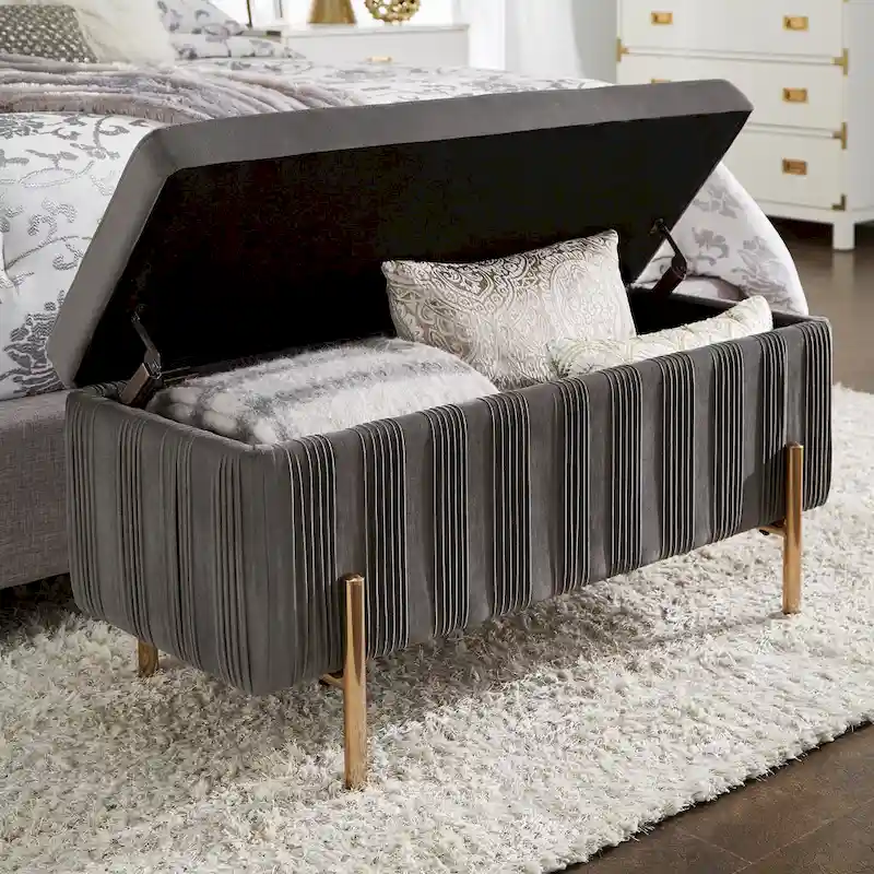 Lisbeth Grey Pleated Velvet Lift-Top Storage Bench by iNSPIRE Q Bold