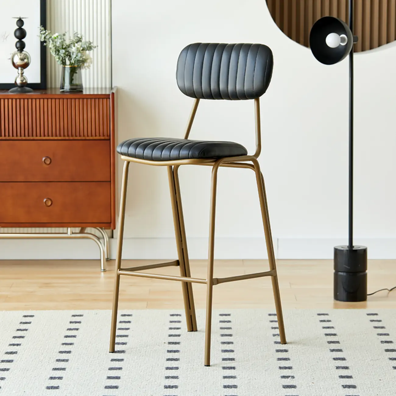 Mid Century Modern Leather Gold Frame Bar Stools with Backs