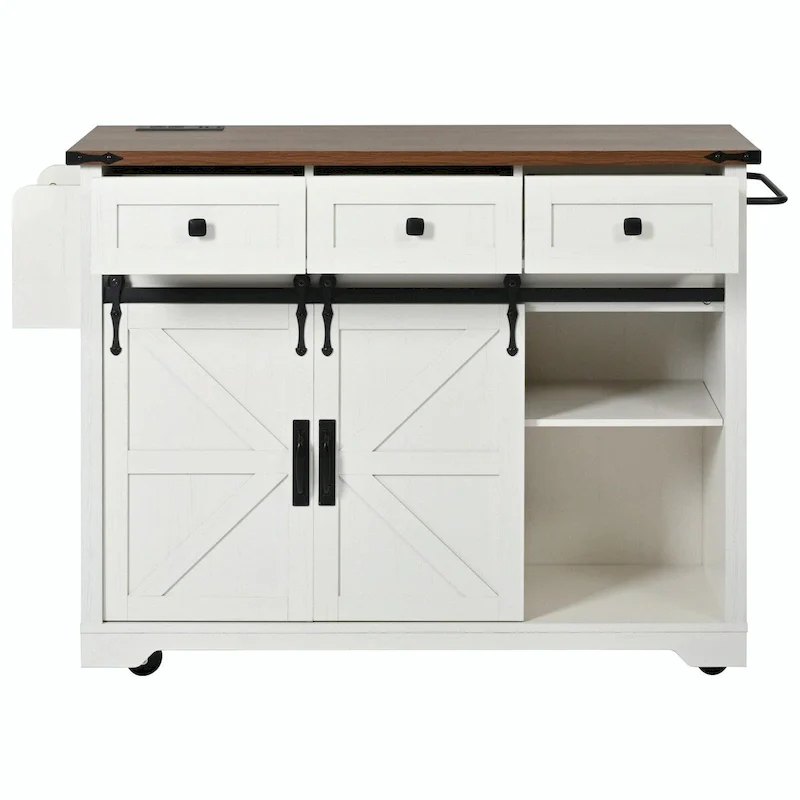 53.5 Farmhouse Kitchen Island with Power Outlet, Drop Leaf, Spice Rack, Drawer, and Wheels