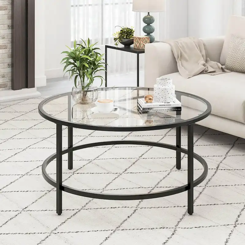 36 Round Coffee Table Tempered Glass Tabletop Metal Frame