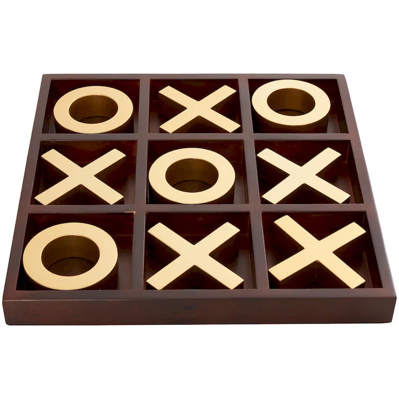 Brown Wood Tic Tac Toe Game Set with Gold X and O Pieces