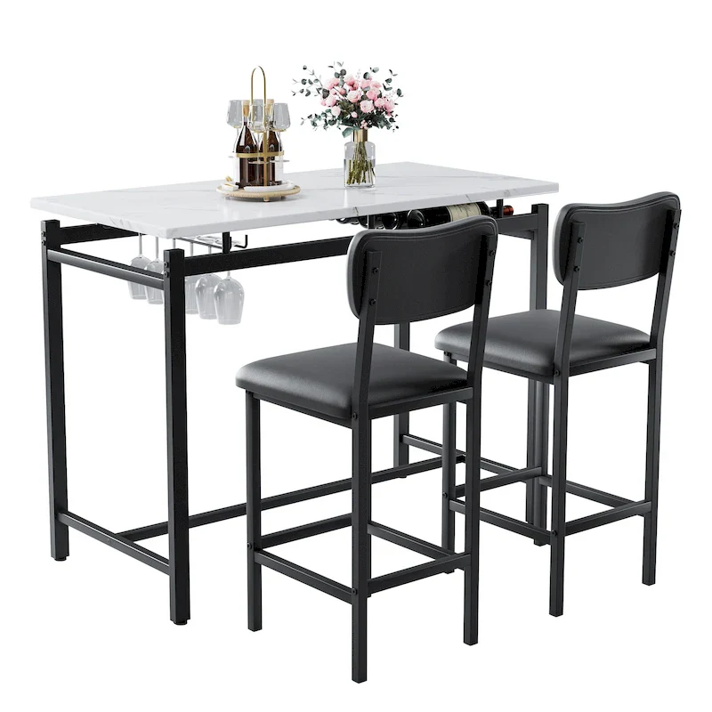 White Marble-Top Bar Table Set with 2 Stools, 2-Person