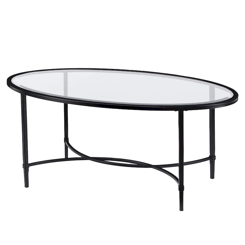 HomeRoots 45 Clear and Black Glass and Metal Oval Coffee Table - 19 H x 45 W x 25 D