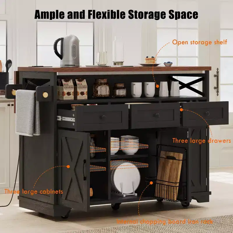46.5 Farmhouse Kitchen Island with Power Outlet & Beaded Drape - Rolling Cart with Drop Leaf, 3 Drawers & Locking Wheels