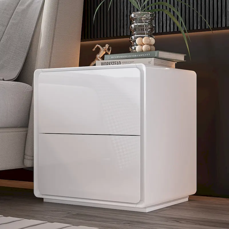 White Modern LED Nightstand High Gloss Bedside Tables with 2 Drawers