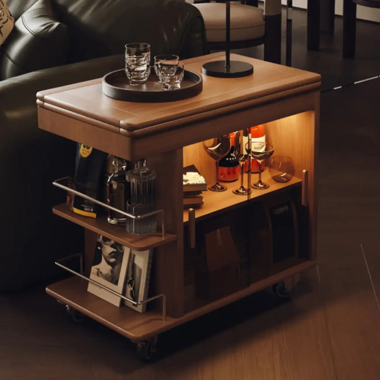 Elegant White Multi-function Wooden Wheel Side Table