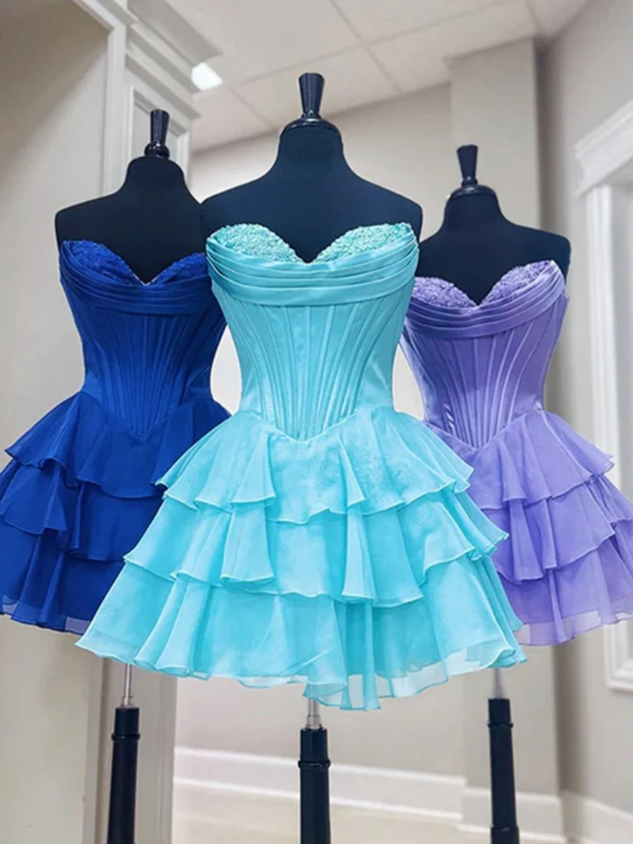 Blue - A-Line Sweetheart Corset Ruffle Homecoming & Cocktail Dresses With Applique