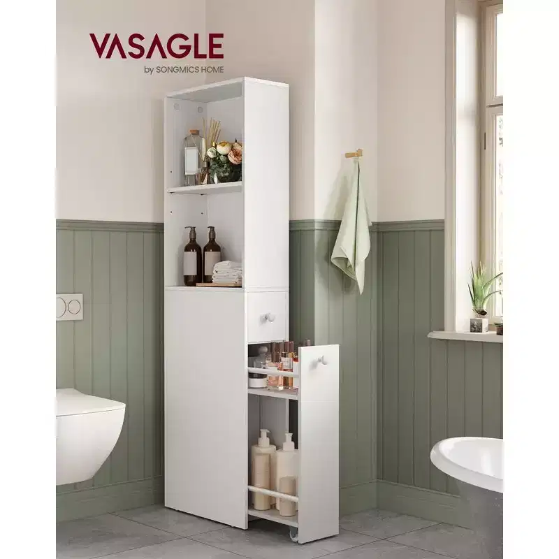 VASAGLE Slim Storage Cabinet, Narrow Cabinet, Freestanding Cabinet with Storage Drawers and Adjustable Shelf, White