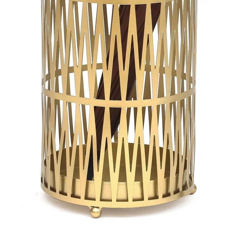 ADECO Stand Gold / Black Round RackMetal Umbrella Cane Walk Stick Drip Tray - 9. 2 x9. 2 x19