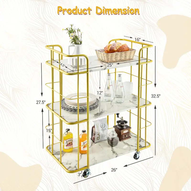 Home Island Service Cart 3 Tier Gold Bar Cart Home Island on Wheels