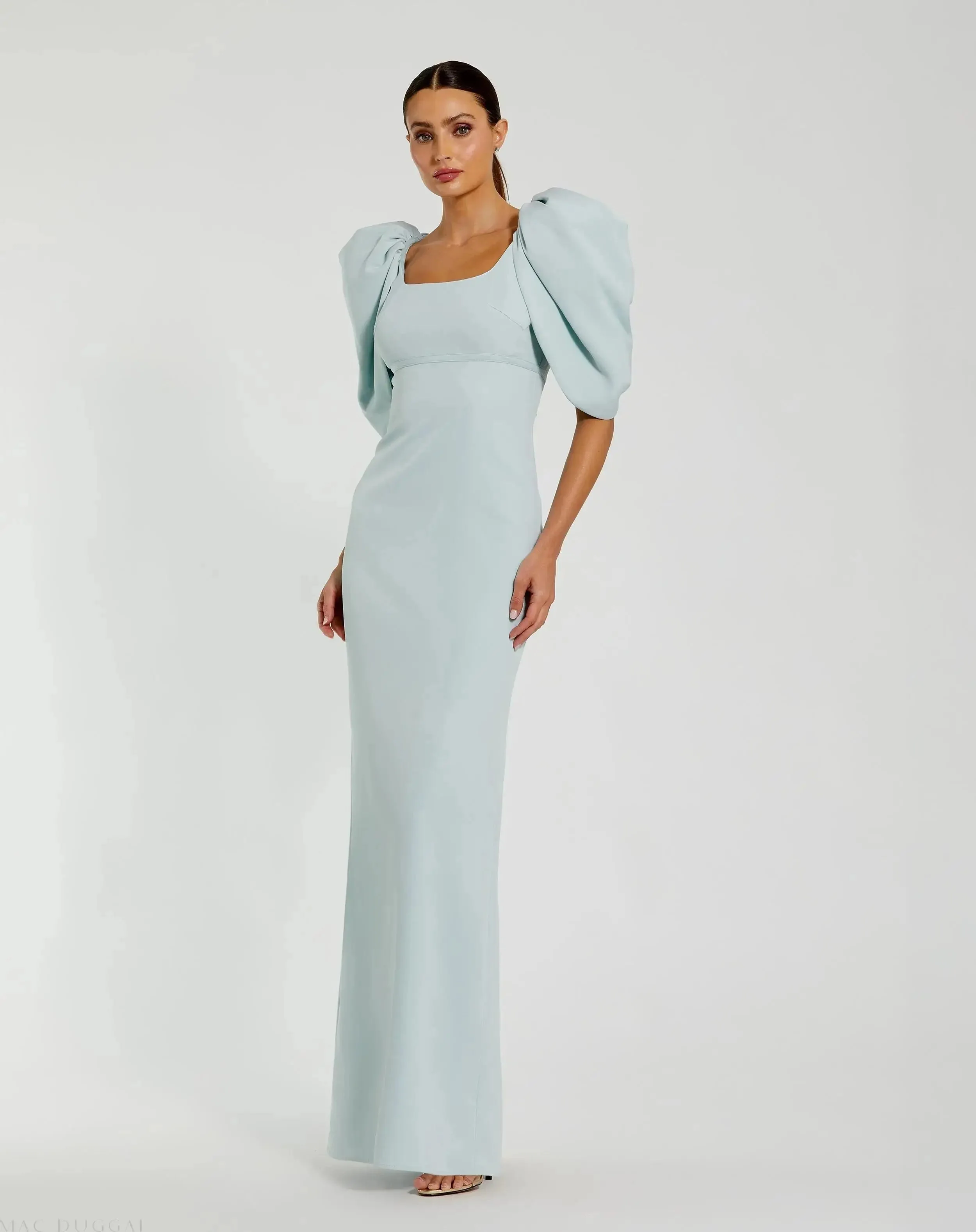Blue Fitted Crepe Square Neck Gown With Puff Sleeves