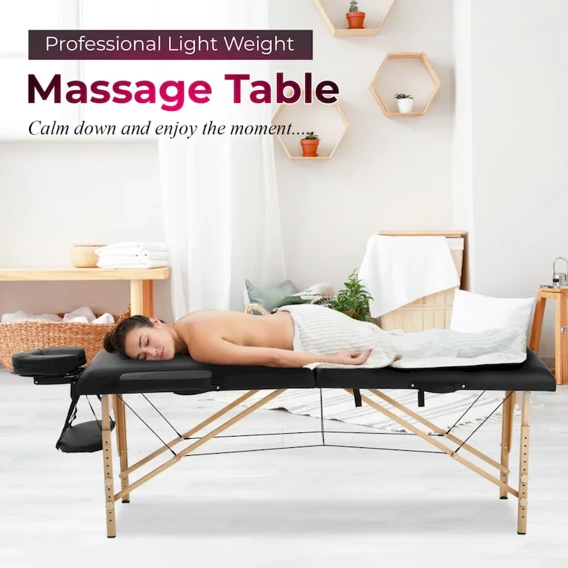 Black Portable Folding Massage Table with Adjustable Height & Armrests – Single