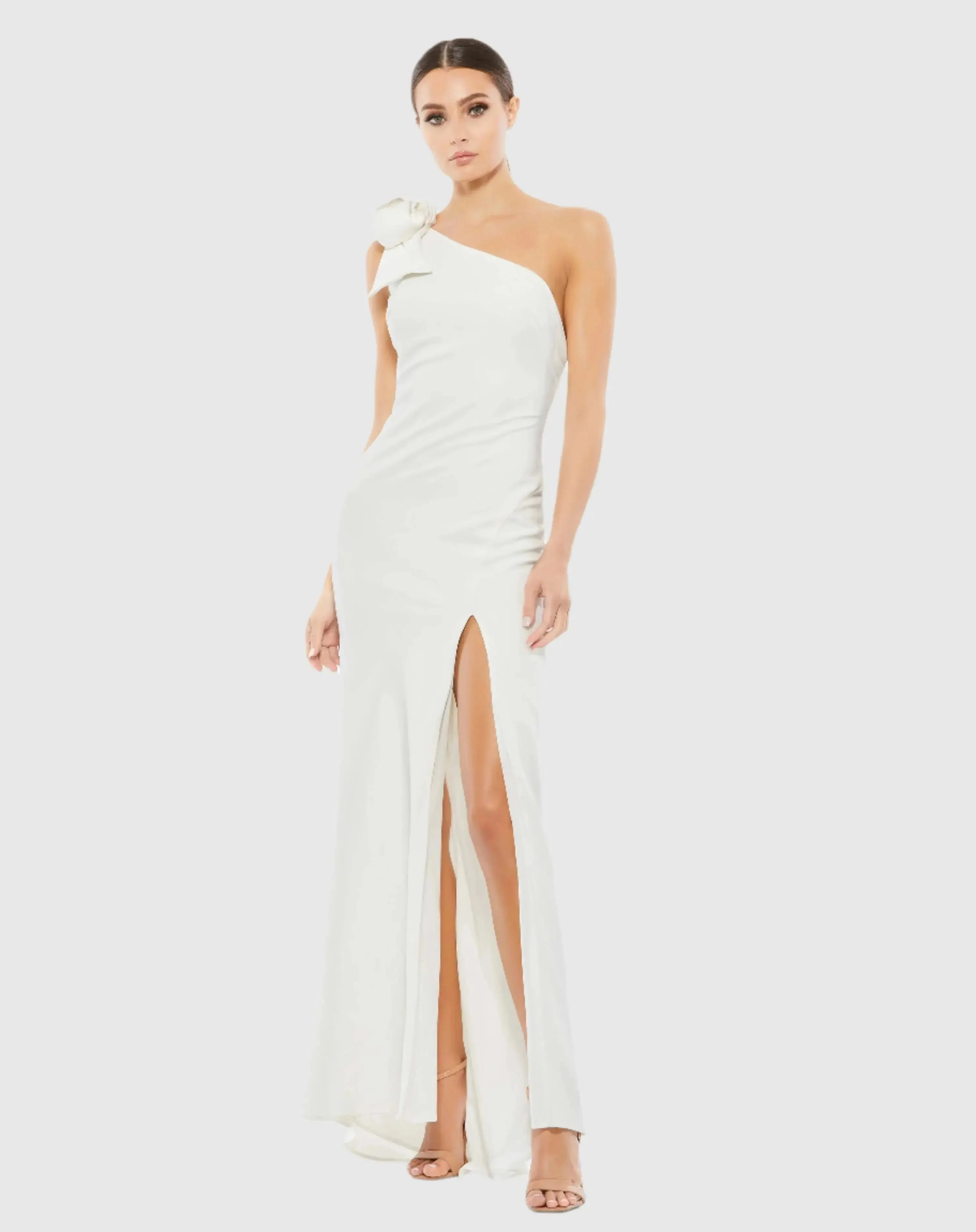 Crepe One Shoulder Bow Gown