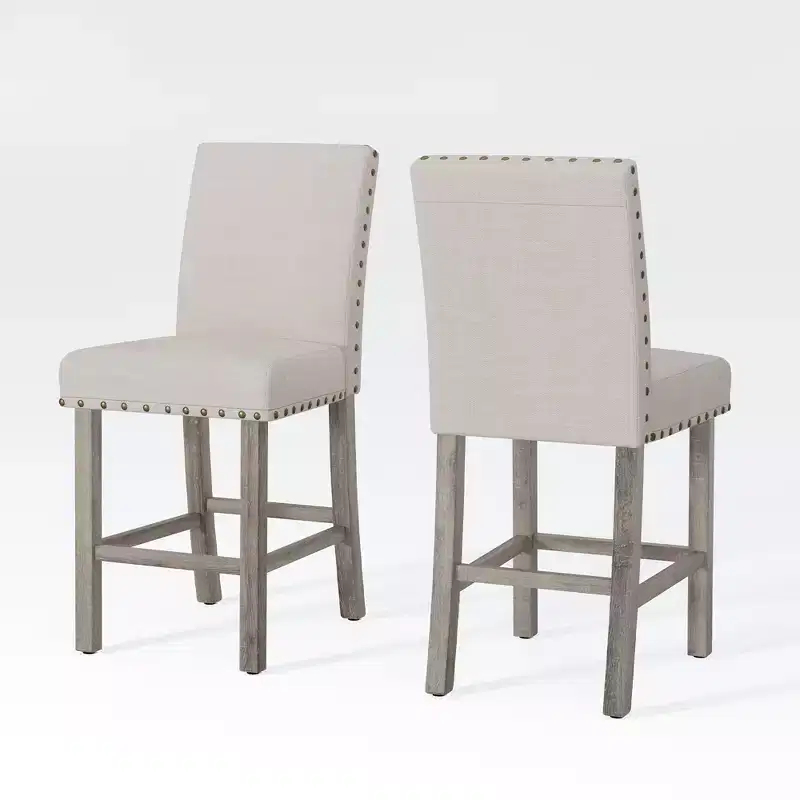 Rustic Log Wood Counter High Stool Set of 2, Farmhouse Upholstered Cushion Dining Chair Armless-Morden Fort