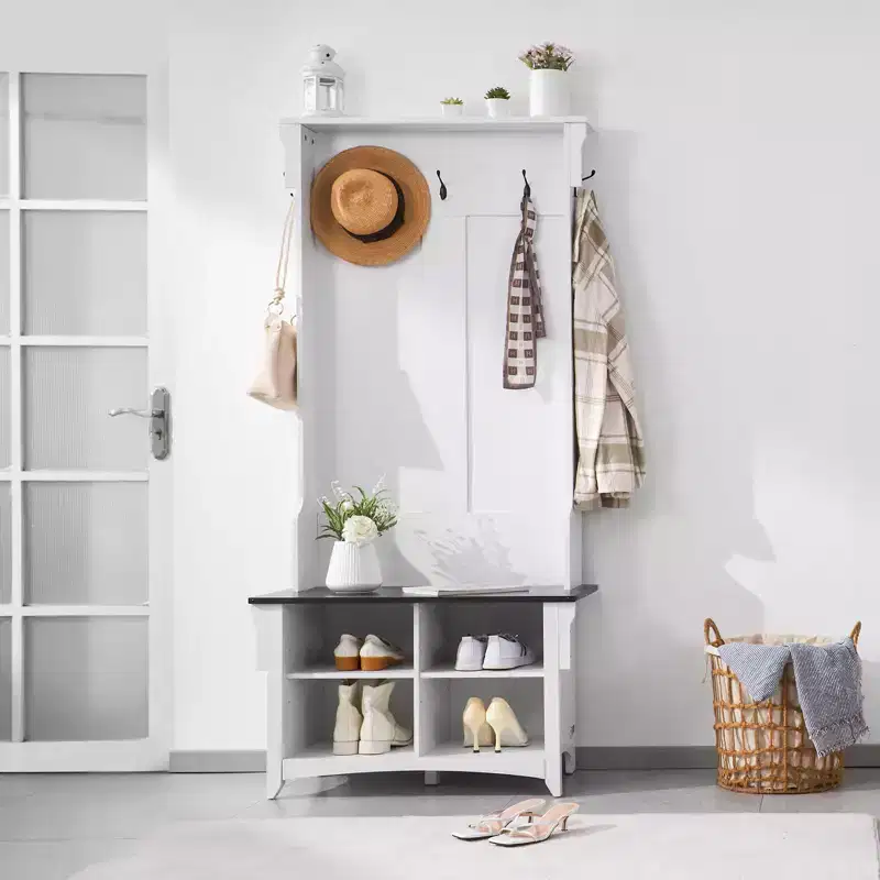 VEVOR Hall Tree Entryway Bench, Coat Rack with Shoe Storage, 32 Wide Mudroom bench with Storage and Seating, Adjustable Shelves and 5 Hanging Hooks