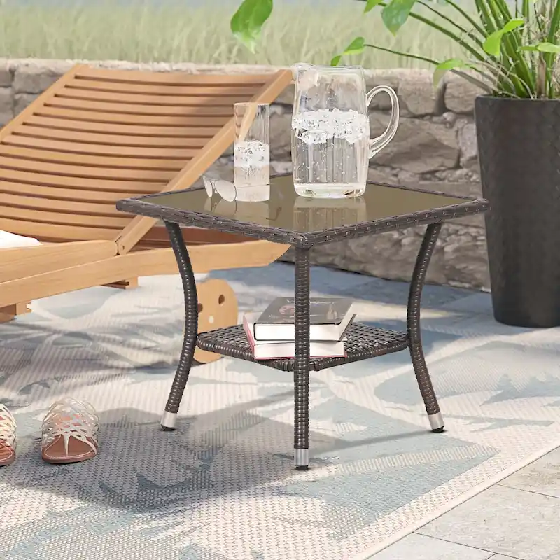 Outdoor Square Wicker Side Table 2-Tier Patio Coffee Table