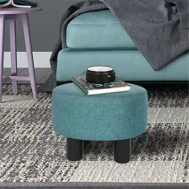 Blue Small Round Fabric Ottoman Footstool, 1-Person