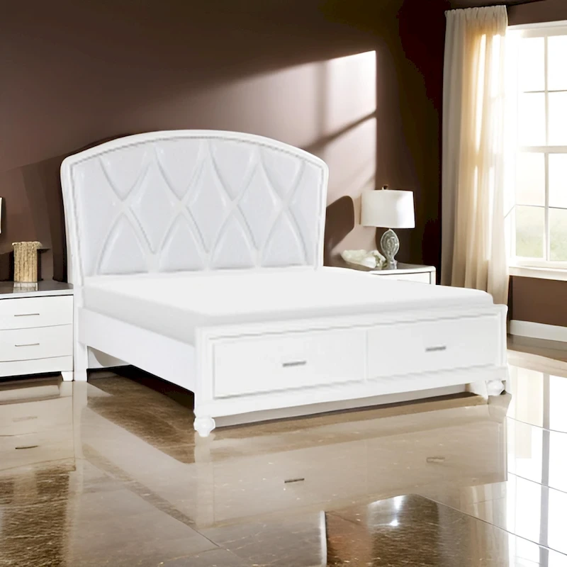 Russ Queen Platform Bed, LED Accents, Silver Faux Leather Upholstery, White