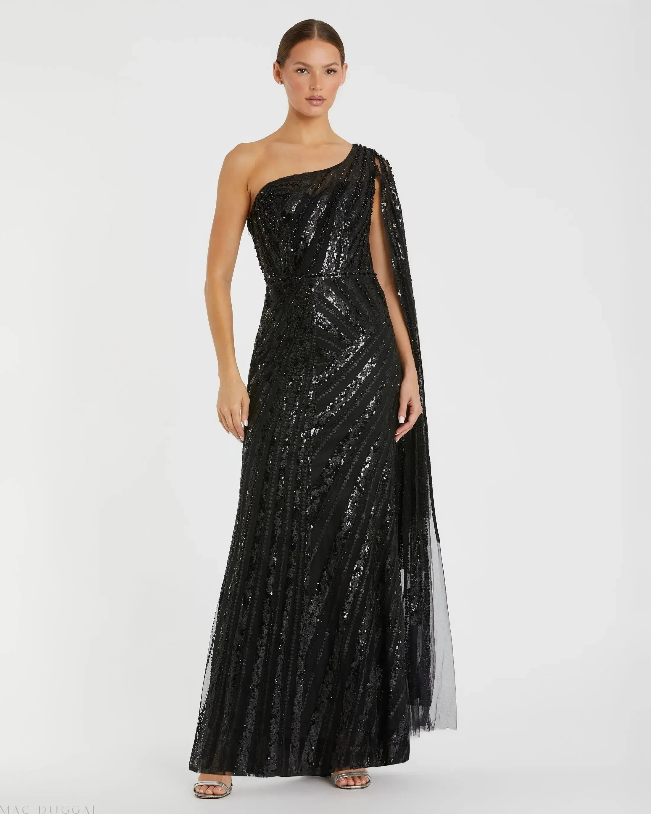 One Shoulder Cape Sleeve Embellished Gown