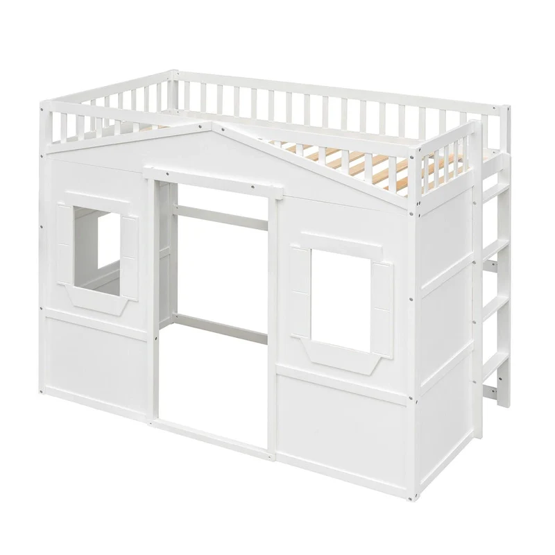 White Castle Style Solid Pine Wood Loft Bed with Ladder and Guard Rails